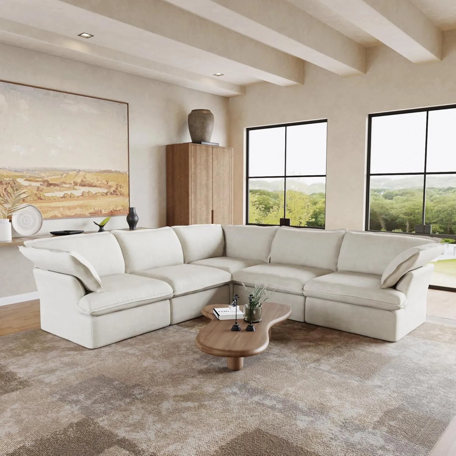 Premium Linen Cloud Sectional Couches | 5-Piece Linen White Hidden Storage Box V-Shaped Sectionals 5-seaters