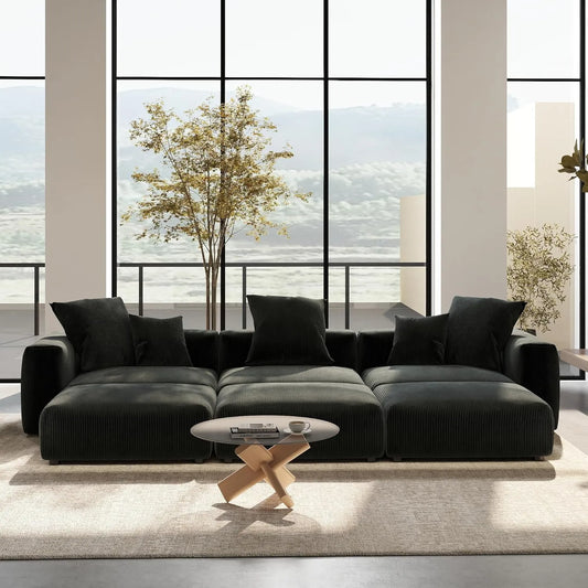 Exclusive Modern Modular Couches | 6-Piece Corduroy Black Hidden Sleek Sofa Legs Pit Sectionals 3-seaters with 3-Ottomans