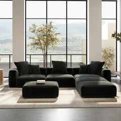 Exclusive Modern Modular Couches | 6-Piece Corduroy Black Hidden Sleek Sofa Legs Pit Sectionals 3-seaters with 3-Ottomans