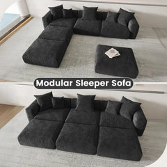 Exclusive Modern Modular Couches | 6-Piece Corduroy Black Hidden Sleek Sofa Legs Pit Sectionals 3-seaters with 3-Ottomans