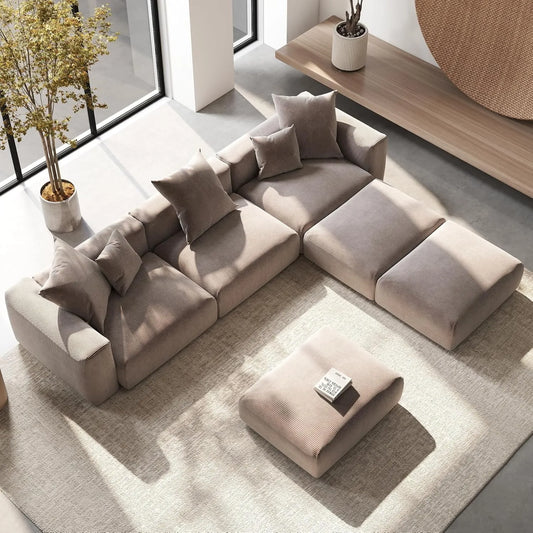Exclusive Modern Modular Couches | 6-Piece Corduroy Brown Hidden Sleek Sofa Legs Pit Sectionals 3-seaters with 3-Ottomans