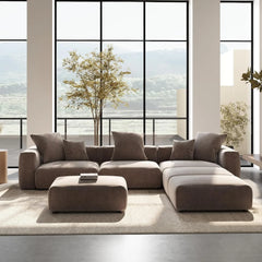 Exclusive Modern Modular Couches | 6-Piece Corduroy Brown Hidden Sleek Sofa Legs Pit Sectionals 3-seaters with 3-Ottomans