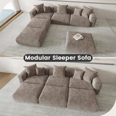 Exclusive Modern Modular Couches | 6-Piece Corduroy Brown Hidden Sleek Sofa Legs Pit Sectionals 3-seaters with 3-Ottomans