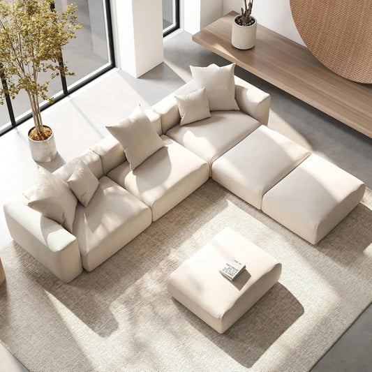 Exclusive Modern Modular Couches | 6-Piece Corduroy Beige Oversized Silhouette Pit Sectionals 3-seaters with 3-Ottomans