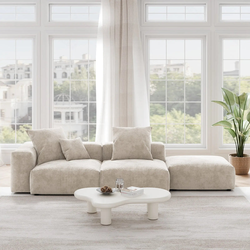 Washable Couch 129.92 " Corduroy Sectional Sofa Chaise with Removable Sofa Cover 3D-Knitted Fabric - Beige