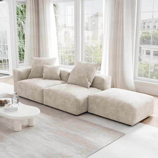 Washable Couch 129.92 " Corduroy Sectional Sofa Chaise with Removable Sofa Cover 3D-Knitted Fabric - Beige