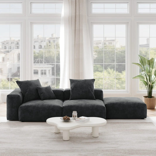 Washable Couch 129.92 " Corduroy Sectional Sofa Chaise with Removable Sofa Cover - Black