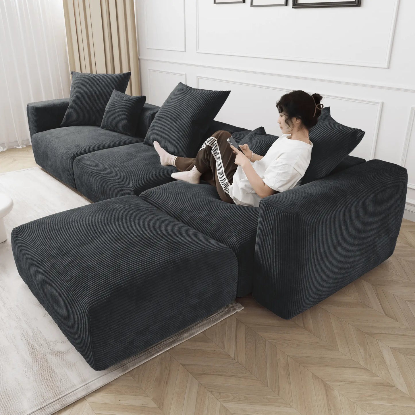 Washable Couch 129.92 " Corduroy Sectional Sofa Chaise with Removable Sofa Cover - Black