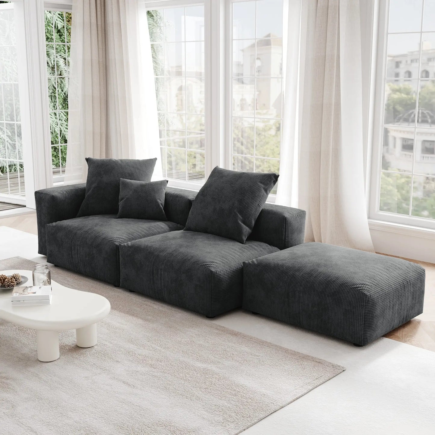 Washable Couch 129.92 " Corduroy Sectional Sofa Chaise with Removable Sofa Cover - Black