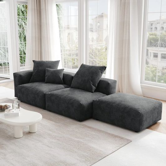Washable Couch 129.92 " Corduroy Sectional Sofa Chaise with Removable Sofa Cover - Black