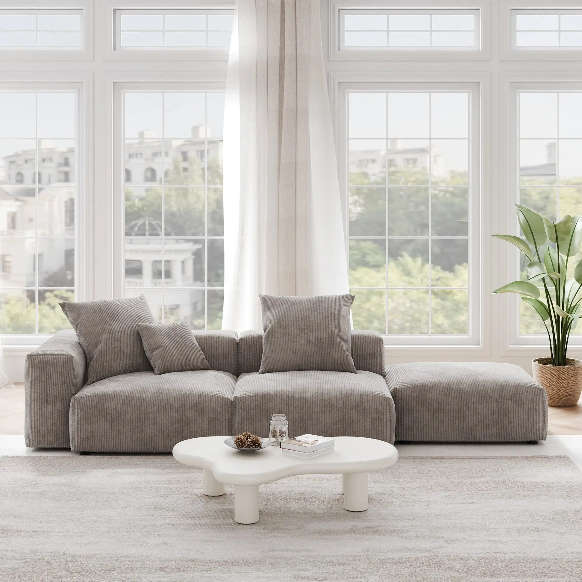 Washable Couch 129.92 " Corduroy Sectional Sofa Chaise with Removable Sofa Cover - Brown