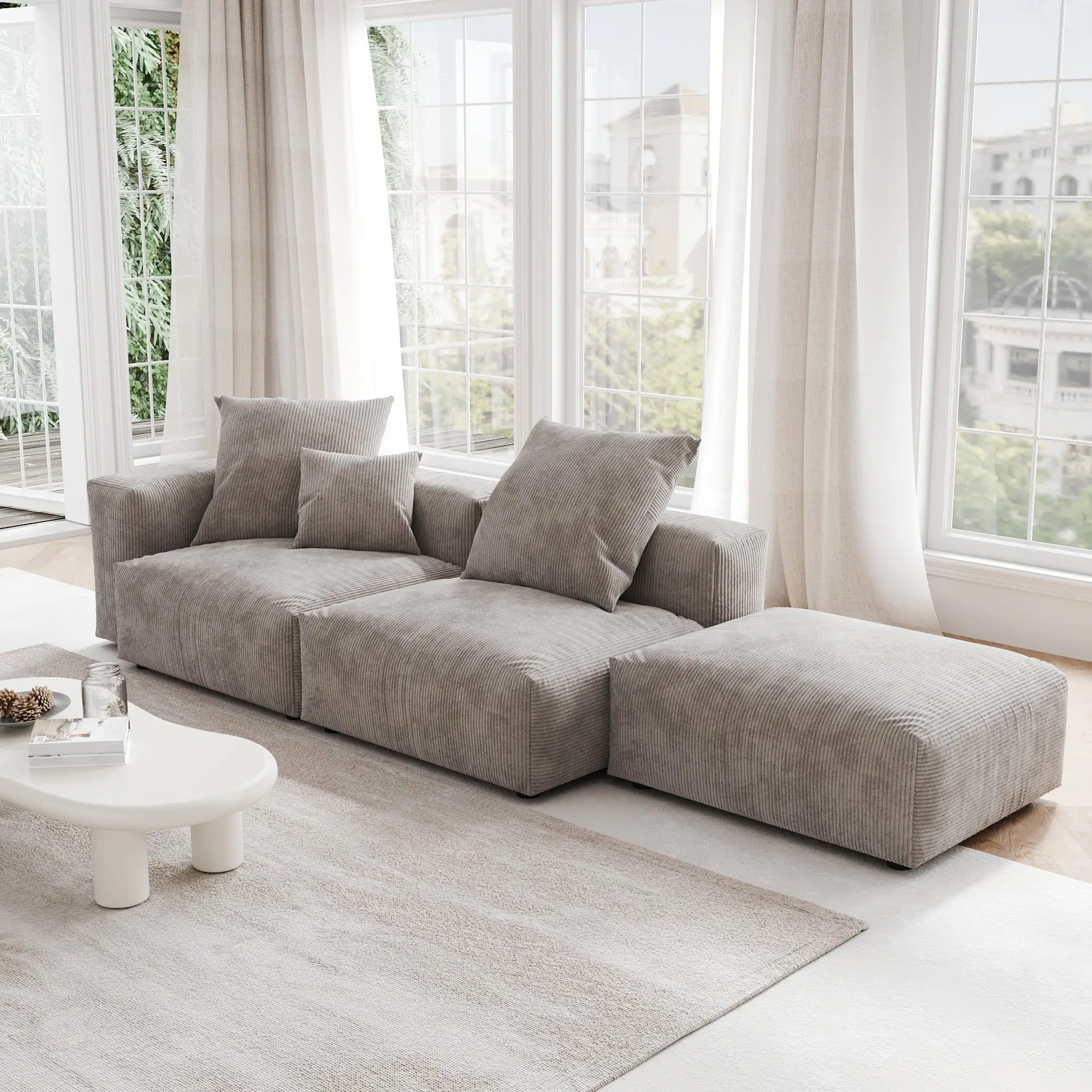 Washable Couch 129.92 " Corduroy Sectional Sofa Chaise with Removable Sofa Cover - Brown