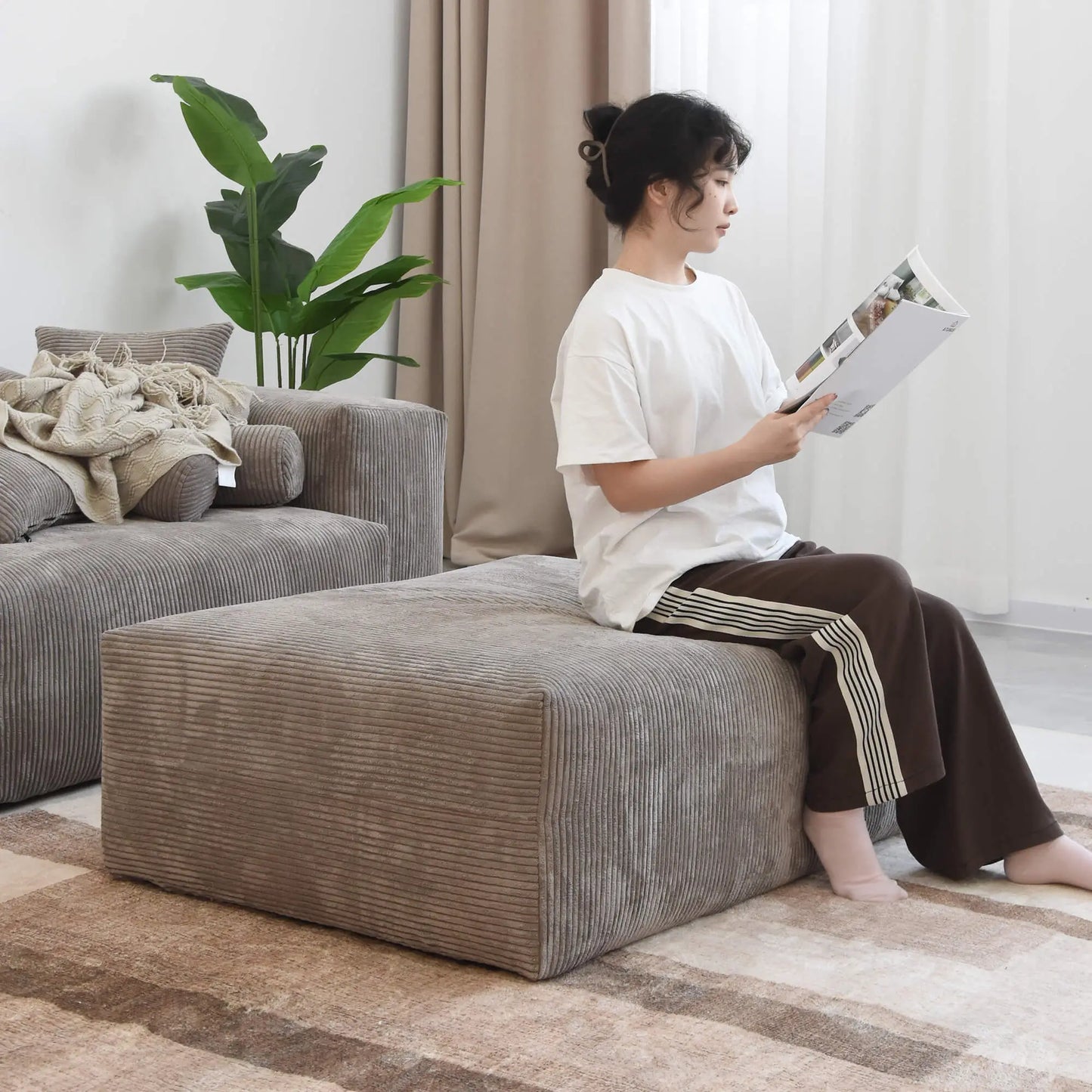 Washable Couch 129.92 " Corduroy Sectional Sofa Chaise with Removable Sofa Cover - Brown