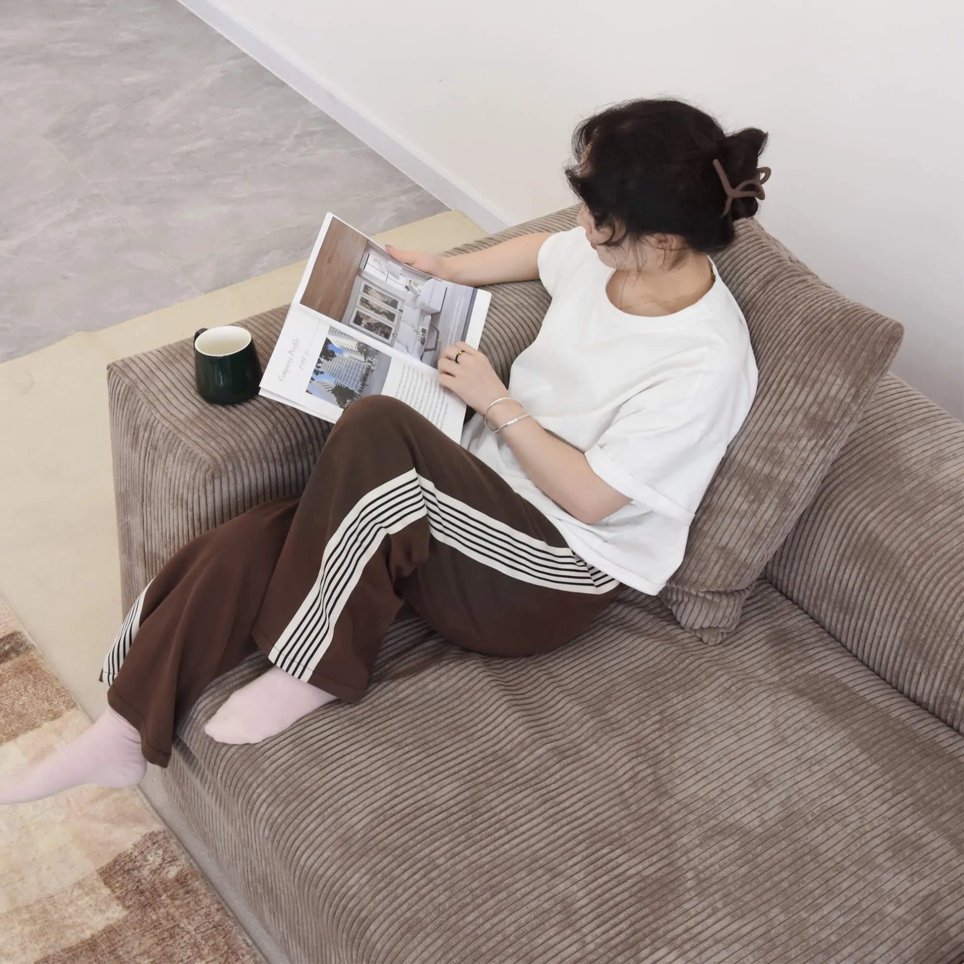 Washable Couch 129.92 " Corduroy Sectional Sofa Chaise with Removable Sofa Cover - Brown