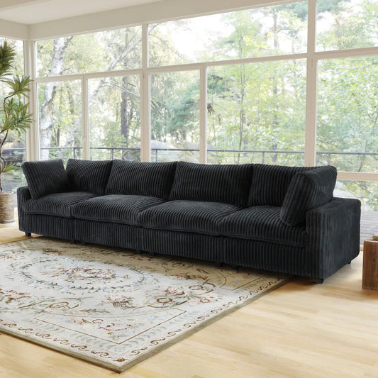 Fluffy Couch Plush Comfy Sectional 4-Seater Sofa with Sofa Cover - Black