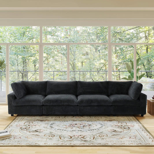 Fluffy Couch Plush Comfy Sectional 4-Seater Sofa with Sofa Cover - Black