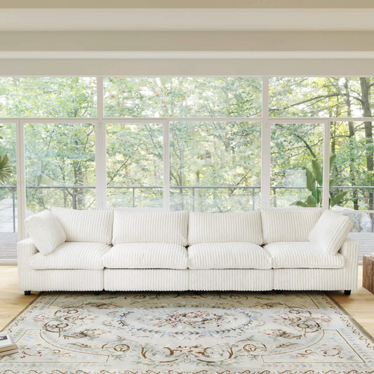 Fluffy Couch Plush Comfy Sectional 4-Seater Sofa with Sofa Cover 3D-Knitted Fabric - Beige