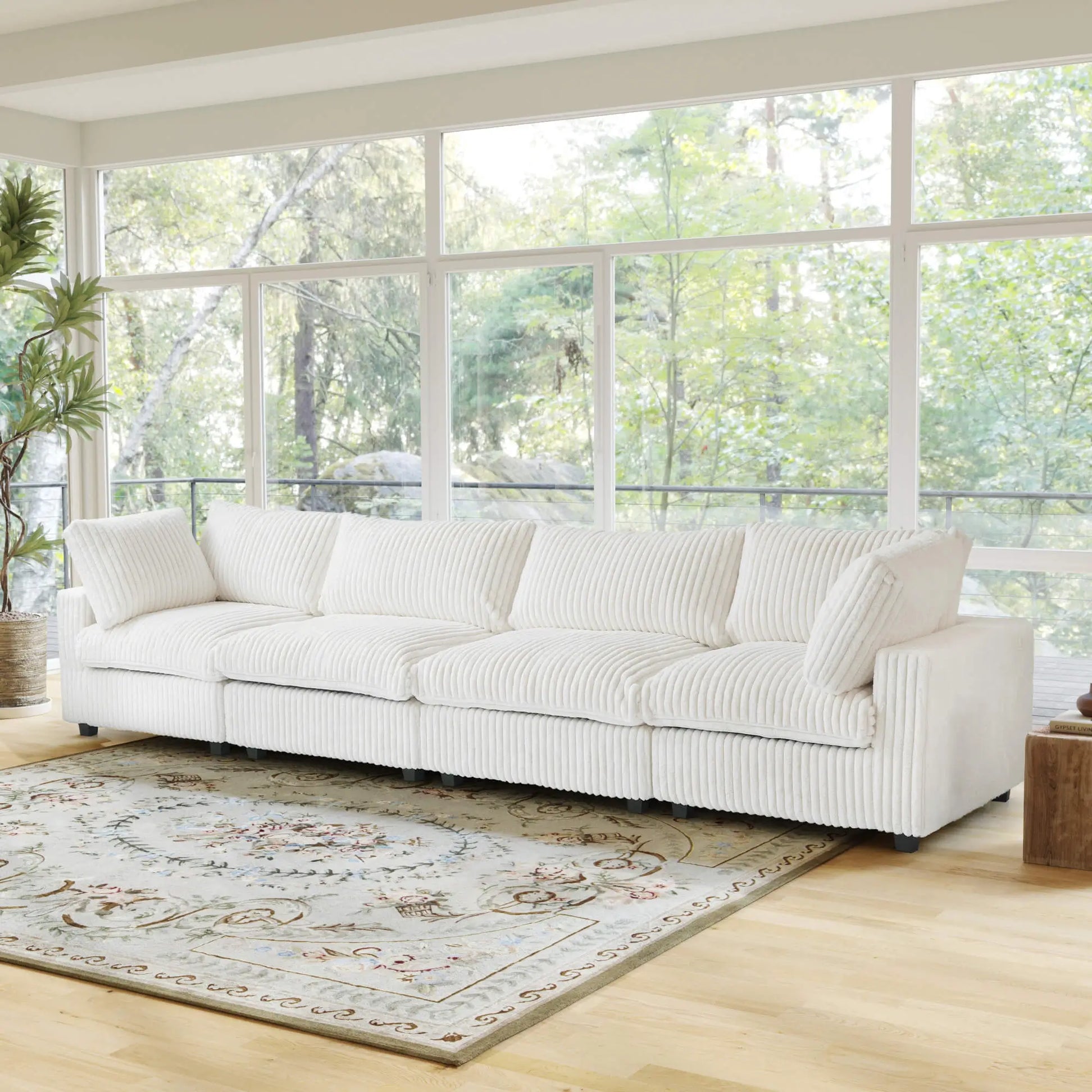 Fluffy Couch Plush Comfy Sectional 4-Seater Sofa with Sofa Cover 3D-Knitted Fabric - Beige