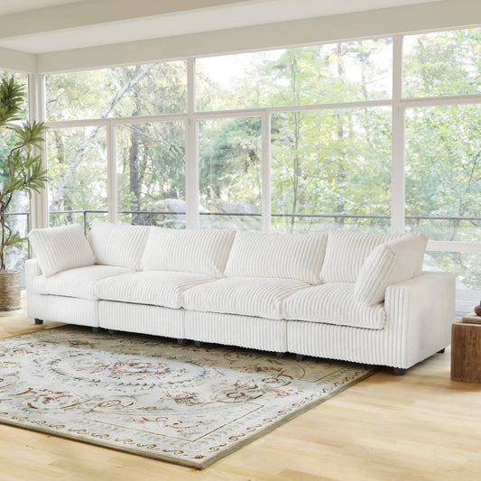 Fluffy Couch Plush Comfy Sectional 4-Seater Sofa with Sofa Cover 3D-Knitted Fabric - Beige