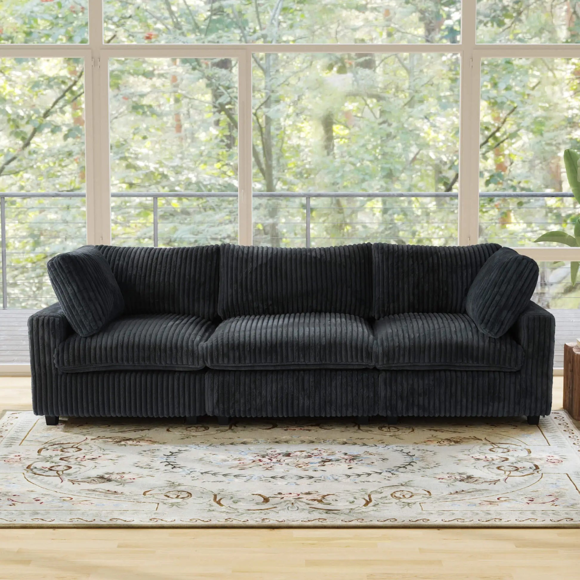 Fluffy Couch Plush Sectional 3-Seater Deep Seat Sofa with Sofa Cover - Black