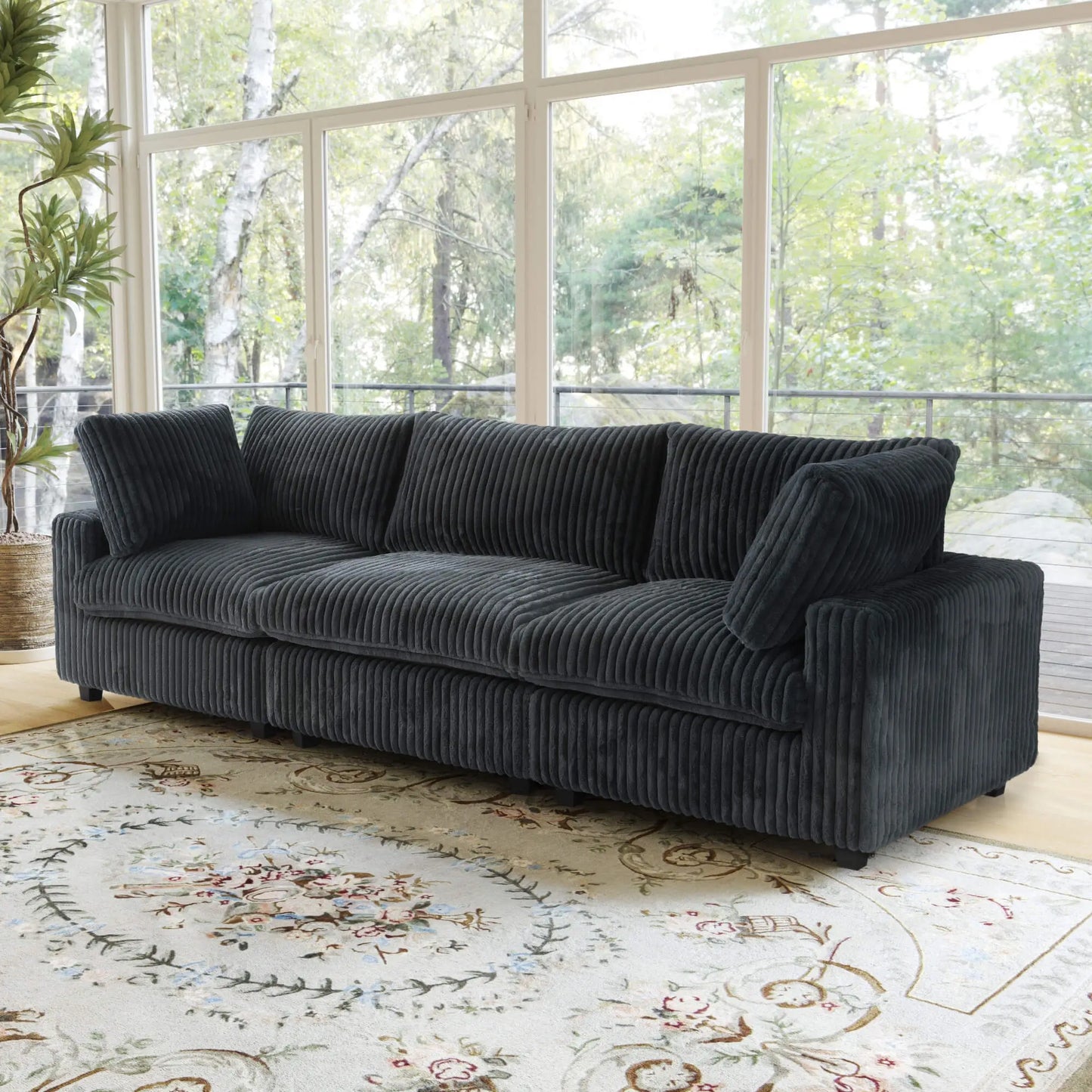 Fluffy Couch Plush Sectional 3-Seater Deep Seat Sofa with Sofa Cover - Black
