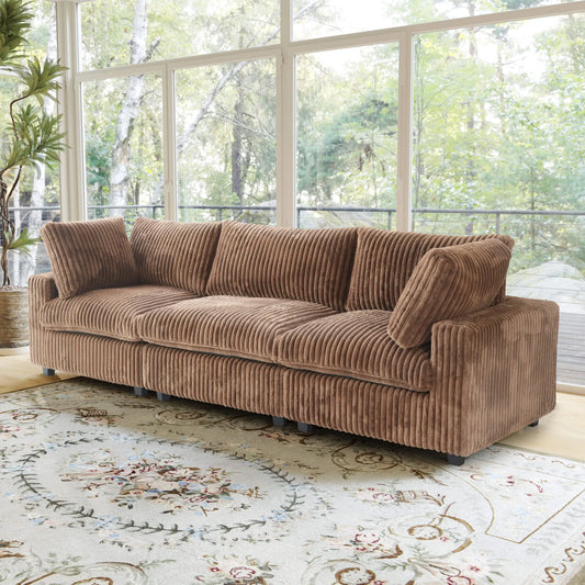 Fluffy Couch Plush Sectional 3-Seater Deep Seat Sofa with Sofa Cover - Brown