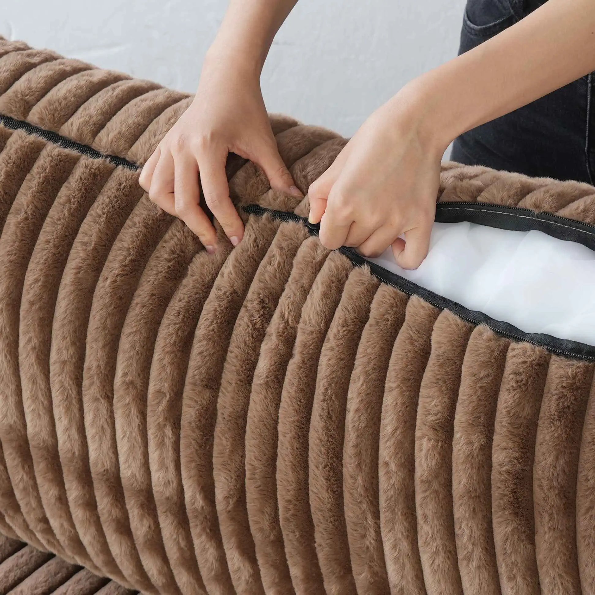 Fluffy Couch Plush Sectional 3-Seater Deep Seat Sofa with Sofa Cover - Brown