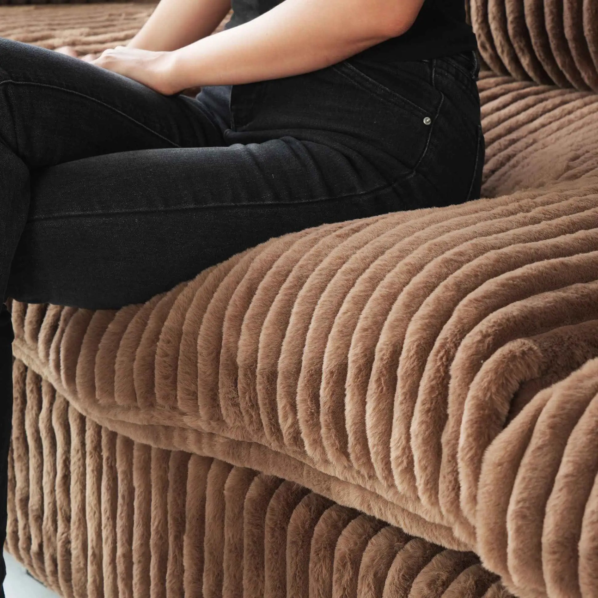 Fluffy Couch Plush Sectional 3-Seater Deep Seat Sofa with Sofa Cover - Brown