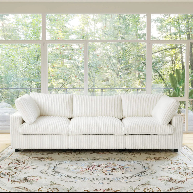 Fluffy Couch Plush Sectional 3-Seater Deep Seat Sofa with Sofa Cover 3D-Knitted Fabric - Beige