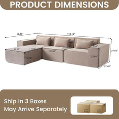 Exclusive Classic Sectional Couches | 3-Piece Corduroy Brown Cushions Don't Sink L-Shaped Sectionals 3-seaters with 1-Ottomans