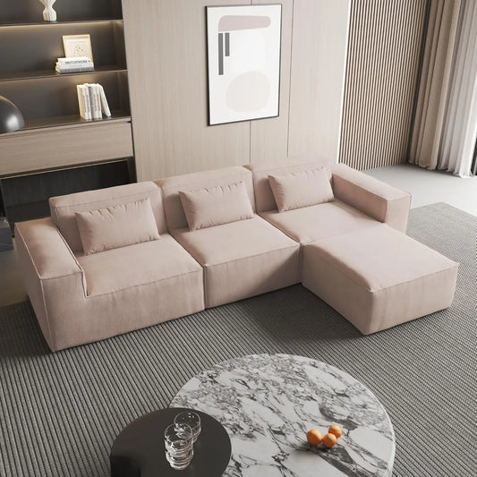 Exclusive Classic Sectional Couches | 3-Piece Corduroy Brown Cushions Don't Sink L-Shaped Sectionals 3-seaters with 1-Ottomans