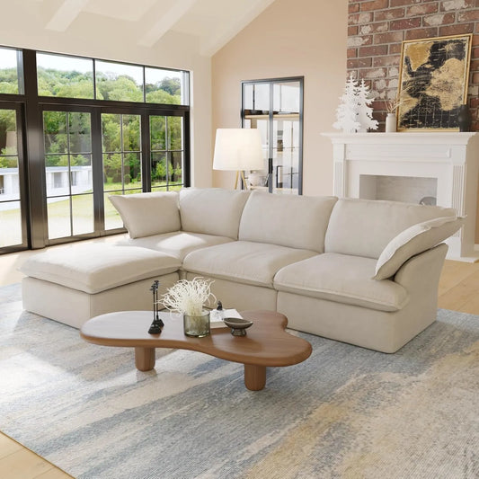 Premium Linen Cloud Sectional Couches | 4-Piece Linen Beige Oversized Cushions L-Shaped Sectionals 3-seaters with 1-Ottomans