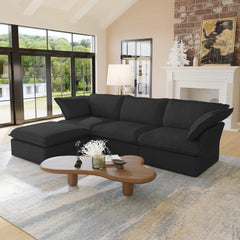 Premium Linen Cloud Sectional Couches | 4-Piece Linen Black Rich Beautiful Fabric L-Shaped Sectionals 3-seaters with 1-Ottomans