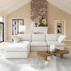 Premium Linen Cloud Sectional Couches | 4-Piece Linen White Rich Fancy Velvet L-Shaped Sectionals 3-seaters with 1-Ottomans