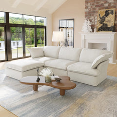 Premium Linen Cloud Sectional Couches | 4-Piece Linen White Rich Fancy Velvet L-Shaped Sectionals 3-seaters with 1-Ottomans