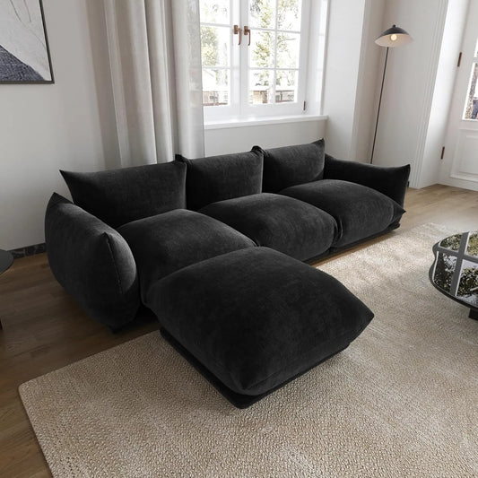 Exclusive Modern Sectional Couches | 4-Piece Chenille Black Vintage Charm Today L-Shaped Sectionals 3-seaters with 1-Ottomans