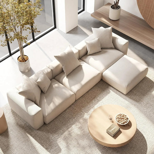 Exclusive Modern Modular Couches | 4-Piece Corduroy Beige Cushions Never Sag L-Shaped Sectionals 3-seaters with 1-Ottomans