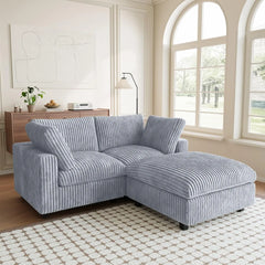 Premium Classic Cloud Sectional Couches | 3-Piece Plush Fabric Light Grey Relaxed Refined Form Chaise Sectionals 2-seaters with 1-Ottomans