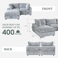 Premium Classic Cloud Sectional Couches | 3-Piece Plush Fabric Light Grey Relaxed Refined Form Chaise Sectionals 2-seaters with 1-Ottomans
