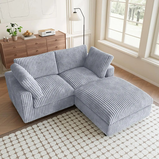Premium Classic Cloud Sectional Couches | 3-Piece Plush Fabric Light Grey Relaxed Refined Form Chaise Sectionals 2-seaters with 1-Ottomans