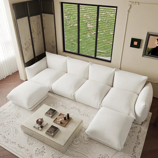 Exclusive Modern Sectional Couches | 6-Piece Chenille Beige Modular Design U-Shaped Sectionals 4-seaters with 2-Ottomans
