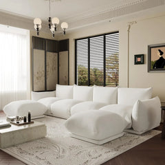 Exclusive Modern Sectional Couches | 6-Piece Chenille Beige Modular Design U-Shaped Sectionals 4-seaters with 2-Ottomans