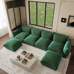 Exclusive Modern Sectional Couches | 6-Piece Chenille Green Retro Modern Fusion U-Shaped Sectionals 4-seaters with 2-Ottomans