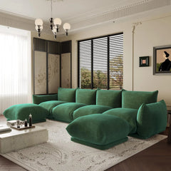 Exclusive Modern Sectional Couches | 6-Piece Chenille Green Retro Modern Fusion U-Shaped Sectionals 4-seaters with 2-Ottomans