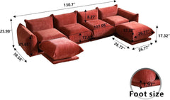 Exclusive Modern Sectional Couches | 6-Piece Chenille Orange Smooth Sculptural Lines U-Shaped Sectionals 4-seaters with 2-Ottomans