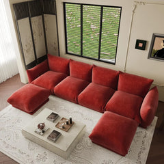 Exclusive Modern Sectional Couches | 6-Piece Chenille Orange Smooth Sculptural Lines U-Shaped Sectionals 4-seaters with 2-Ottomans