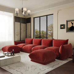 Exclusive Modern Sectional Couches | 6-Piece Chenille Orange Smooth Sculptural Lines U-Shaped Sectionals 4-seaters with 2-Ottomans