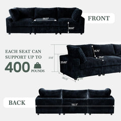 Premium Classic Cloud Sectional Couches | 3-Piece Plush Fabric Black Modular Design Couch Sectionals 3-seaters