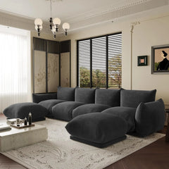 Exclusive Modern Sectional Couches | 6-Piece Chenille Black Vintage Charm Today U-Shaped Sectionals 4-seaters with 2-Ottomans