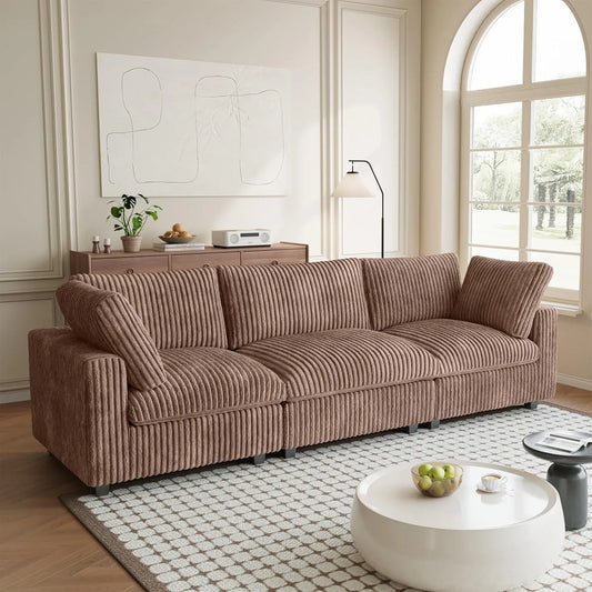 Premium Classic Cloud Sectional Couches | 3-Piece Plush Fabric Brown A Strong Wood Frame Couch Sectionals 3-seaters